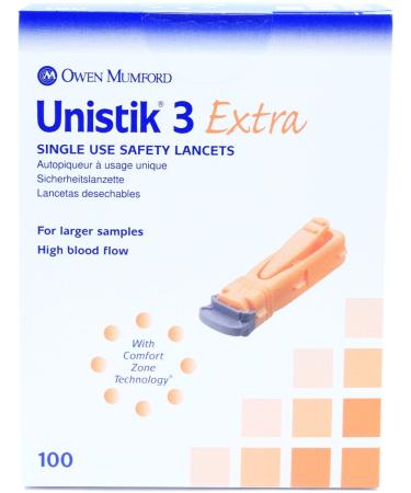 Unistik 3 Extra Safety Lancets - Box of 100-21G with 2mm Penetration Depth