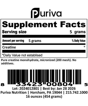 Puriva Nutrition Creatine Monohydrate Powder micronized 1 Pound - Buy Online on GoSupps.com