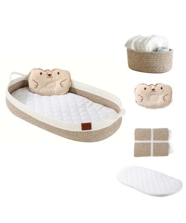 LDVINE Baby Changing Basket - Diaper Caddy Dresser Organizer Table Topper with Mini Basket, Waterproof Foam Pad, Pillow for Newborn & Storage Woven Bin Included- Changing Moses Basket Diaper Handmade