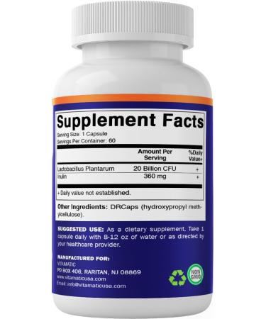Vitamatic Lactobacillus Plantarum - 20 Billion per DR Capsule - 60 Count - Digestive Support - Made with Prebiotic Inulin Fiber 60 Count (Pack of 1) - Buy Online on GoSupps.com