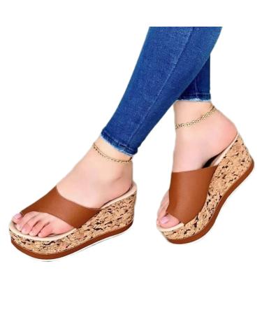 Womens Toe Corrector Wedge Sandals Summer Non-Slip Ring Toe Bunion Platform Slippers Stylish Breathable Orthopedic Flip Flops Ladies for Plantar Fasciitis/Heel Pain ( Color : Brown  Size : 7 ) 7 Brown