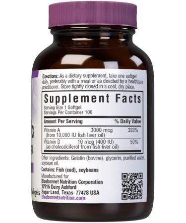 Bluebonnet Nutrition Vitamin A & D3 10 000 IU/400 IU from Deep Sea Cold Water Fish Oil - For Eye Health & Immune Function* - Gluten Free -Dairy Free -Molecularly Distilled -100 Softgel/100 Servings 100 Count (Pack of 1) - Buy Online on GoSupps.com