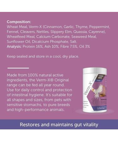 Verm-X Original All Natural Pellets for Caged Birds. SupportsIntestinal Hygiene. Vet Approved.Restores and Maintains Gut Vitality. Wormwood Free Recipe. clear - Buy Online on GoSupps.com