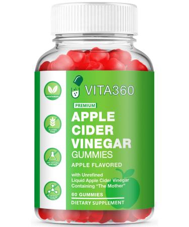 VITA360 60 Count Apple Cider Vinegar Gummies With The Mother - Vitamin B12 Beetroot Powder Pomegranate Powder & Folic Acid - Apple Flavor ACV Gummies For Digestion Detox Skin Care & Immune Support