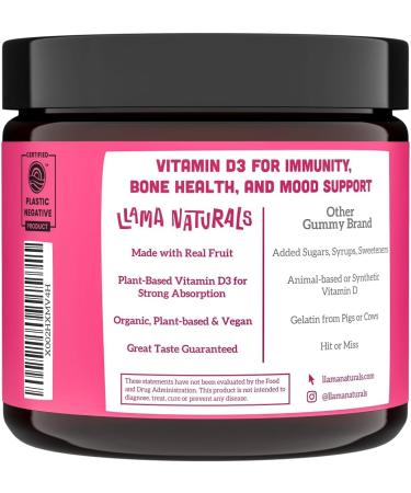 Organic Vegan Vitamin D3 Gummies for Kids & Adults | Llama Naturals | 200% DV | Healthy Bones, Immunity & Mood Booster | No Added Sugar | Raspberry Flavor | 60 ct - Buy Online on GoSupps.com
