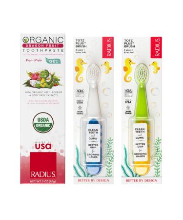RADIUS Toddler Toothbrush and Toothpaste Bundle for Kids, 2 Pack Totz Plus Silky Soft Brush in White/Sapphire Blue and Green/Yellow and 1 Count Dragon Fruit Toothpaste, For Children 18 Months and Up