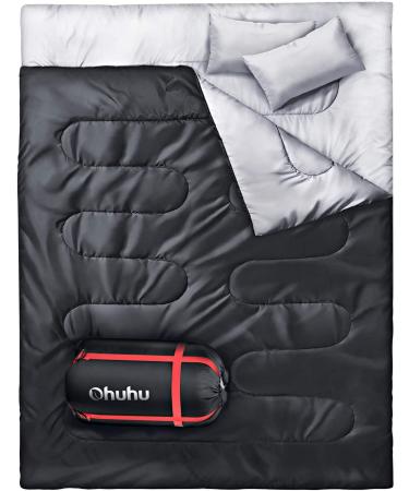 Double Sleeping Bag, Ohuhu Sleeping Bags for Adults with 2 Pillows 2 Person Sleeping Bag for Kids Waterproof Cold Weather Sleeping Bags for Family Teens Camping Backpacking Hiking Outdoor Black