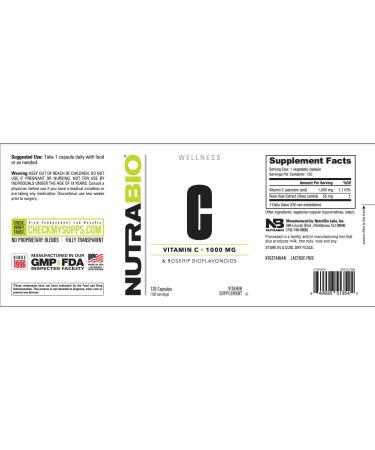 NutraBio Vitamin C with Rose Hips - 1000mg Capsules for Healthy Bones, Teeth, and Immune Function - Buy Online on GoSupps.com