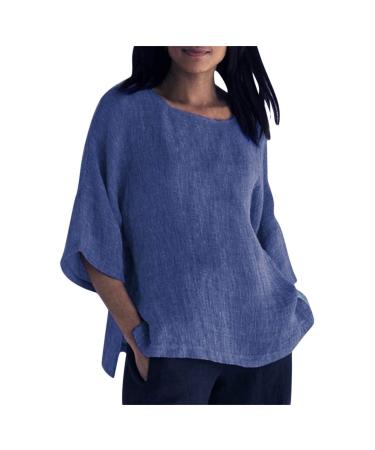 Wuztai Summer Tops for Women Plus Size Shirts Cropped Sleeves Round Neck Blouses Loose Fit Oversized T Shirts Blue XX-Large