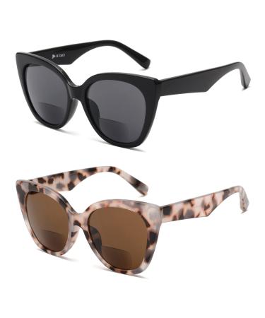 JM 2 Pack Classic Bifocal Reading Glasses Oversized Cateye Stylish Sunglasses Readers for Women +2.5 Black & Tortoise 2.5 x