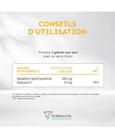 Glutathion Liposomal | Forme R duite GSH avec Vit C | Active Stable et Biodisponible | Antioxydant Puissant + Anti- ge + Immunit + Detox | 60 G lules Vegan | Made in France | Terravita - Buy Online on GoSupps.com
