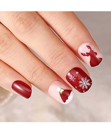 Vatocu Christmas False Nails - Short Red Press on Nails with Snowflakes, Elk, and Snowman Designs for Women and Girls (24pcs) - Buy Online on GoSupps.com