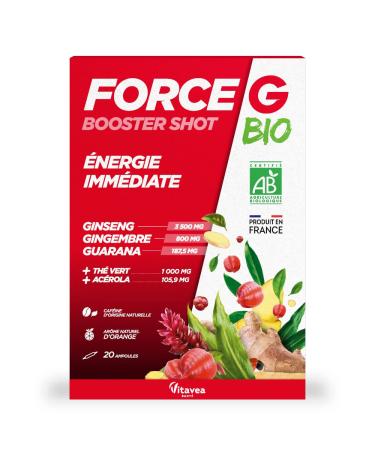 Vitavea - Force G Booster Shot BIO - Food supplement Fatigue Tonus and Natural defenses - Ginseng, Guarana, Ginger, Green tea - 20 ampoules - 20 days cure - Made in France
