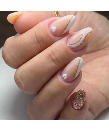 JUSTOTRY 24 Pcs Glitter Short False Nails Almond White French Press on Nails Pattern Heart Fake Nails Short with Nail Glue Oval Stick on Nails for Women Nails Fake Nail Medium for Nails Art glitter white3