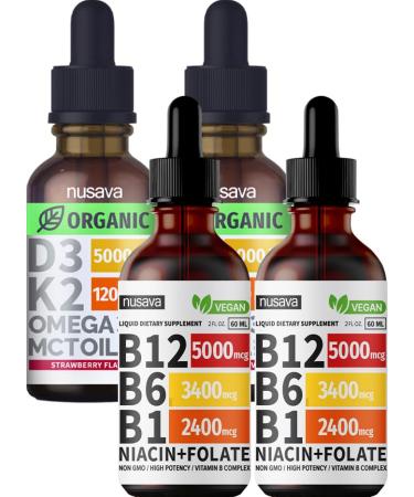 NUSAVA Vitamin B12 Liquid Drops and Strawberry Flavored D3 K2 Bundle - Potent Liquid Vitamins for Heart, Joint, Energy, & Immune Support - Non-GMO, Gluten-Free, 2pk Each