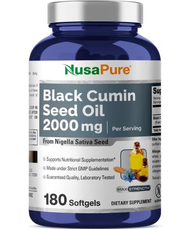Black Seed Oil 2000 mg per Serving - 180 Softgel Caps (Non-GMO & Gluten-Free) Cold-Pressed Nigella Sativa Producing Pure Black Cumin Seed Oil with Vitamin E