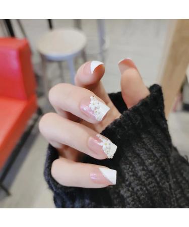 Splicing Flower French Press on Nails with Sequins Charms - Fake Nails for Women | Full Cover Coffin Spring Summer - Buy Online on GoSupps.com