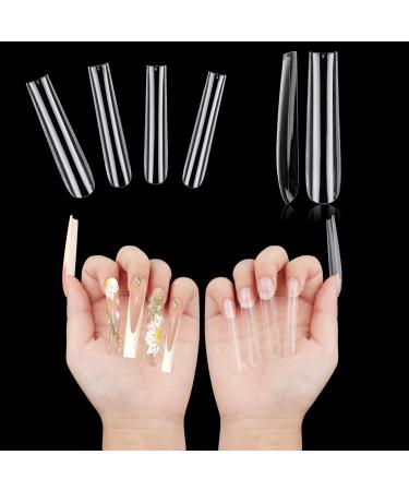 LIONVISON Long Coffin Fake Nails 200Pcs "3-5-6-7" Customized Traceless Nail Tips for Acrylic Nails Full Cover Clear Straight False Nail Extension Kits Press On Nails for Manicure Salon Nail Art Full Cover Long Nial Tips