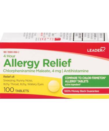 Leader 4 Hour Allergy Relief Chlorpheniramine Maleate Tablets Antihistamine 4 mg 100 Count Chlorpheniramine 1 Pack
