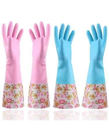 KINGFINGER Rubber Latex Waterproof Dishwashing Gloves,2 Pair Medium Long Cuff Flock Lining Household Cleaning Gloves Medium (Pack of 2)