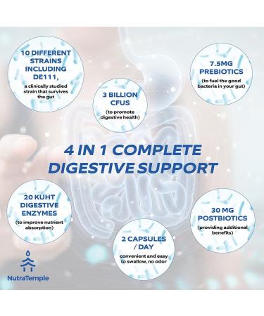 NUTRATEMPLE 4 in 1 Pre Post Probiotics & Digestive Enzymes for Women & Men - Digestive Health Gut & Immune Support for Occasional Constipation Diarrhea Gas & Bloating 60 Veggie Capsules - Buy Online on GoSupps.com