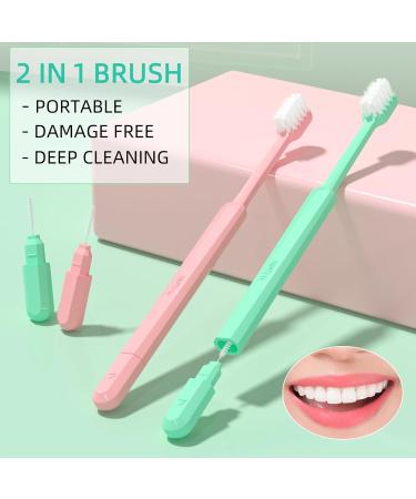 Y-Kelin Soft Bristle Toothbrush 4 Pack | 2-in-1 Cleaning Kit for Adults & Kids | Green & Pink Manual Toothbrush - International Shipping Available - Buy Online on GoSupps.com