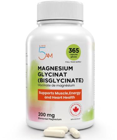 Live 5AM Magnesium Bisglycinate 365 vcaps | 200 mg Pure Elemental Magnesium From 1000 mg Magnesium Bis-glycinate Blend Full Year Supply of Magnesium Glycinate 200 mg Supplement Easy-to-Swallow Vegan Made in Canada 365 count (Pack of 1)