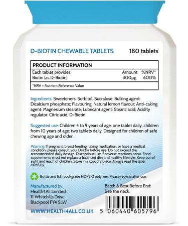 Health4All Kids D-Biotin 180 Tablets - Hair Growth and Strong Nails Supplement for Children - Vegan Biotin Chewable Tablets - 180 Count - Buy Online on GoSupps.com