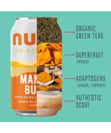 Nunc Jun-Kombucha Mango Buzz (12 x 330ml) - Premium Green Tea & Raw Honey - Refreshing Sparkling Tea for Gut Health & Natural Energy - Gluten Free & GMO Free - 30 Cal - Buy Online on GoSupps.com
