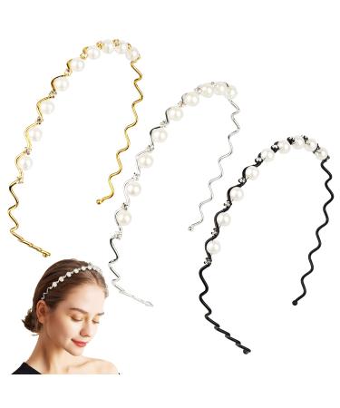 Powmag Set of 3 Wedding Party Faux Pearls Rhinestone Headband Women Rhinestone Hair Band Crystal Pearl Bridal Headband Elegant Wedding Accessories for Wedding Party Valentine's Day Gift