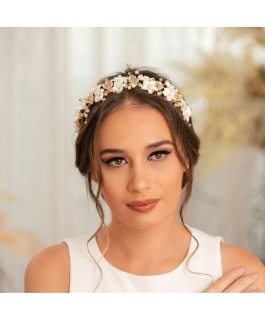 IYOU Bridal Wedding Headband Gold Flower Hair Bands Pearl Beads Headpiece Communion Bride Hair Accessories for Women - Buy Online on GoSupps.com