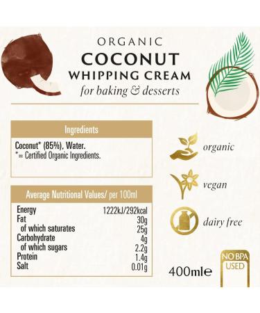 Biona Organic Coconut Whipping Cream 400ml - Dairy-Free & Vegan - Ideal Substitute for Cream - Great for Desserts, Cakes & Baking - Buy Online on GoSupps.com