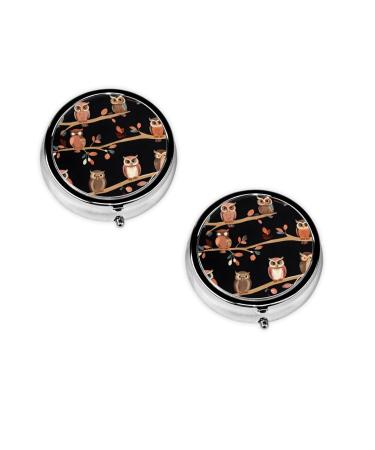 Cute Brown Cartoon Owls Printed Mini Round Pill Box Pill Box 3 Compartment Medicine Pill Case Pill Organizer Travel Pillbox Portable Pill Box for Pocket Home Office Use