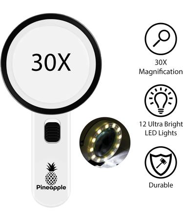 Pineapple LLC Magnifying Glass with Light  30X Handheld Large Magnifying Glass  Lighted Magnifier with 12 LED Lights for Reading  Macular Degeneration  Seniors  Gifts for Elderly  White - Buy Online on GoSupps.com