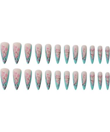 JUSTOTRY 24 Pcs Flower Stiletto Fake Nails Long Green French Press on Nails | Almond Stick on Nails for Women | Acrylic Extra Long False Nails with Glue for Nail Art - Buy Online on GoSupps.com