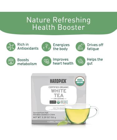 HANDPICK USDA Organic 100% Pure White Tea Mild & Smooth 100 Tea Bags - Buy Online on GoSupps.com