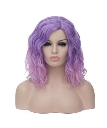 BUFASHION 14 Women Short Pink Purple Bob Wavy Glue Less Synthetic Hair Wig 46 Colors Available(Pink Purple)