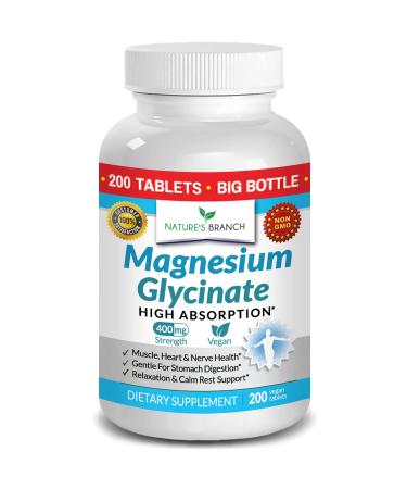 Magnesium Glycinate 400 mg - 200 Tablets - High Absorption, Non Buffered Bisglycinate Mag Supplement for Sleep, Leg Cramps, Heart, Ease Muscles, Calm Headaches for Women and Men, Non Powder Capsules