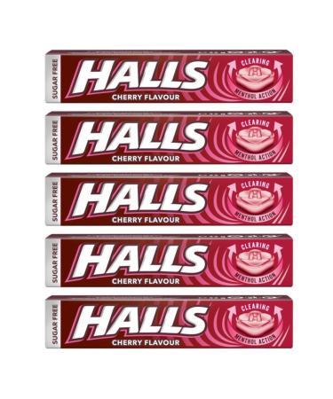 Halls Cherry Menthol Action Sugar Free Cough Sweets 32g (Pack of 5 Bars) Soothing Sore Throat Relief