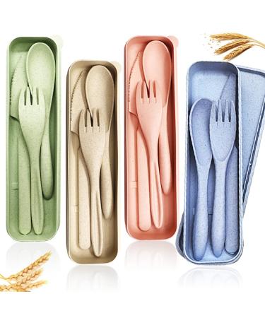 4 Sets Wheat Straw Cutlery,Portable Cutlery,Reusable Spoon Knife Forks,Spoon Knife Fork Tableware set for Adult Travel Picnic Camping or Daily Use (4 Colors)