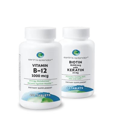 Earth's Splendor Energy & Hair Support: Vitamin B12 (200 Tablets) + Biotin 10 000 mcg & Keratin 25mg (60-Day Supply) - Boosts Energy Hair Nails & Skin - No Artificial Colors Gluten Free