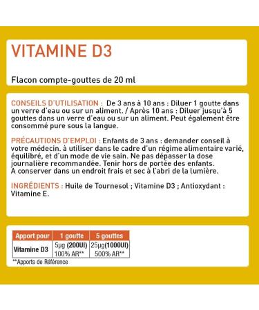Vitamin D3 - Natural Vitamins D3 and Vitamin E - Strengthens Bone Capital and Immune System for All - Pack of 3 Dropper 20 ml (+1200 Drops) - French Laboratory Eric Favre - Buy Online on GoSupps.com