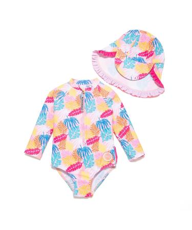 BONVERANO Baby Girls Swimsuit Toddler Bathing Suit Long-Sleeve Zipper One Piece Swimwear with UPF 50+ Sun Protection 18-24 Months Colorful Leaf