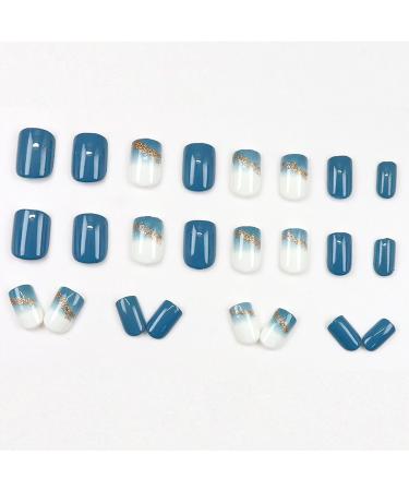 24Pcs Haze Blue Press on Nails - Short Square Fake Nails with Gold Glitter | Glossy Full Cover Acrylic Nail Art Kit for Women & Men | Gel Glue Included - Buy Online on GoSupps.com
