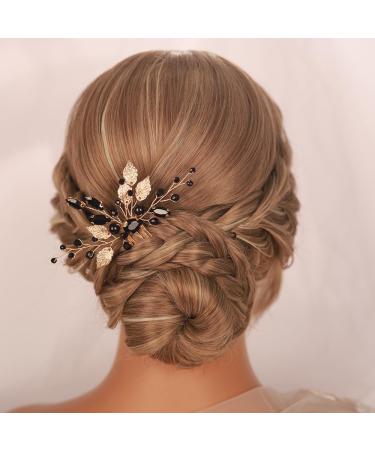 Shop Kercisbeauty Dainty Black Rhinestones Beads Gold Leaf Hair Comb | Elegant Bridal Hair Piece Jewelry for Women & Girls - International Shipping Available - Buy Online on GoSupps.com
