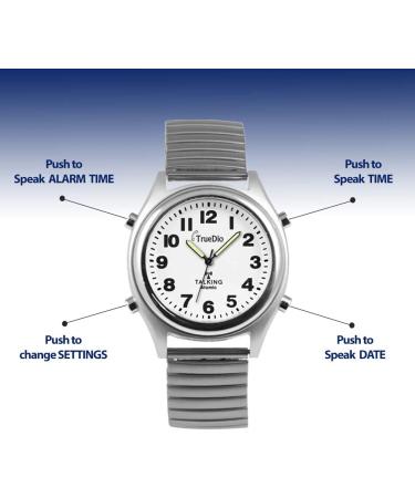 Truedio Atomic Talking Watch for Visually Impaired Men with Stretch Band - Loud English Voice Alarm - Time, Day, Date, Year - Buy Online on GoSupps.com