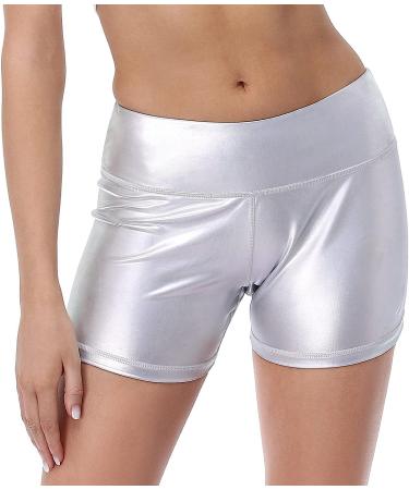 Shiny Metallic High Waisted Rave Shorts for Festival and Dance | Space Silver - Small - Buy Online on GoSupps.com