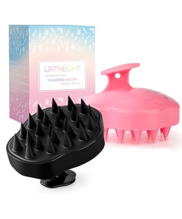 URTHEONE 2 Pack Hair Scalp Massager Shampoo Brush Scalp Scrubber with Soft Silicone Bristles for Hair Growth and Dandruff Removal (Black&Pink)