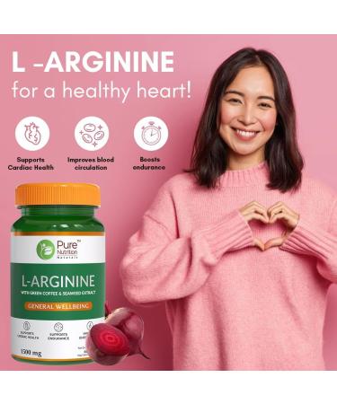 L-Arginine 1500mg Supplement with Green Coffee Seaweed & Extract for Men & Women | Supports Muscle Growth Stamina Heart Health & Blood Flow - 60 Veg Capsules(Pack Of 1) - Buy Online on GoSupps.com