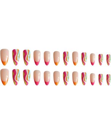 Justotry 24 Pcs Multicolour Swirl Oval False Nails - Trendy Short French Press On Nails with Nail Glue - Almond Stick On Nails for Women's Nail Art - Buy Online on GoSupps.com